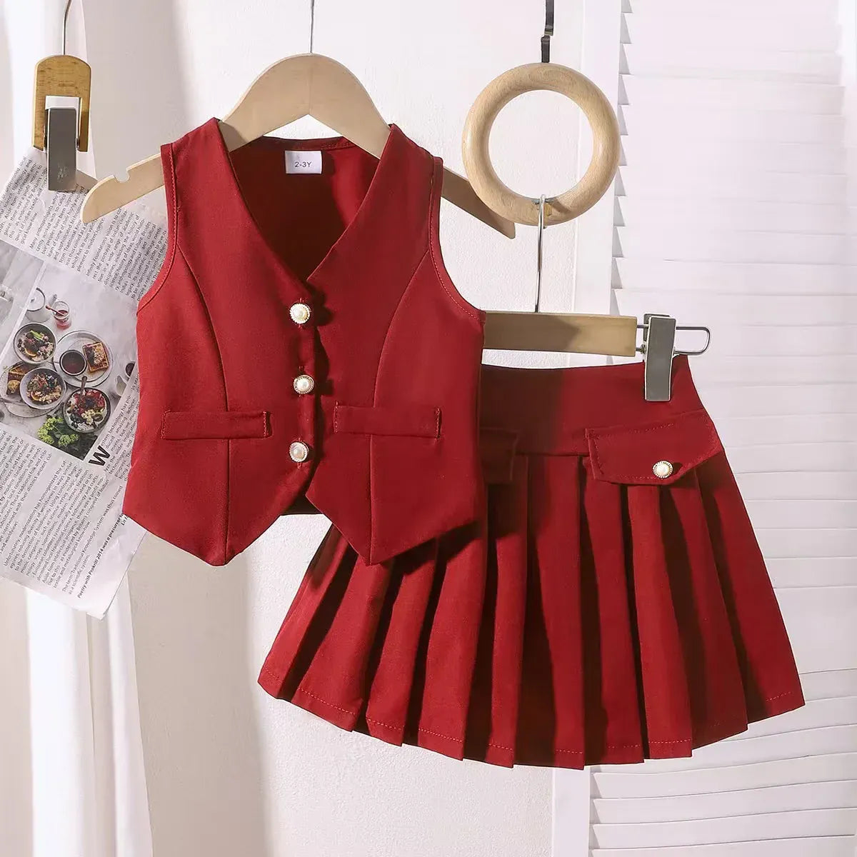 Brick red / 3T Sleeveless Button Vest and Pleated Skirt Outfit