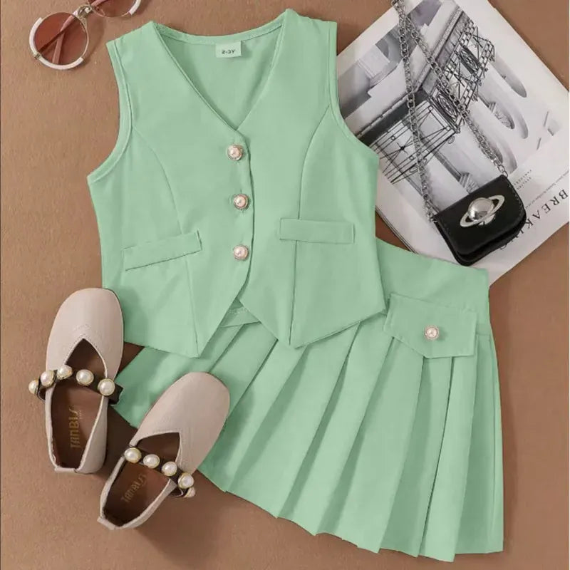 Green / 3T Sleeveless Button Vest and Pleated Skirt Outfit