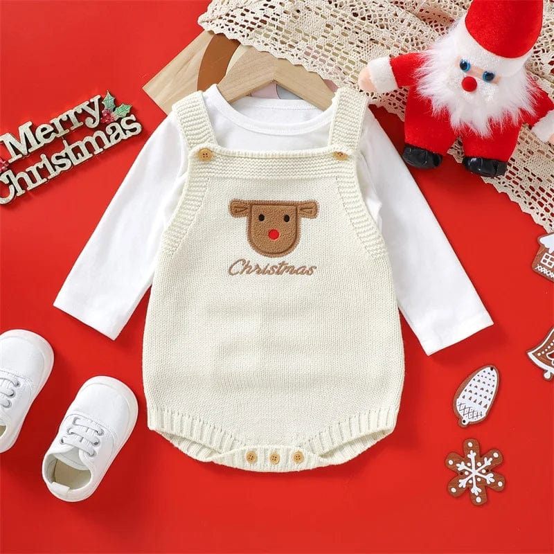 Sleeveless Elk Santa Claus Embroidery Knit Rompers Xmas Party Clothes