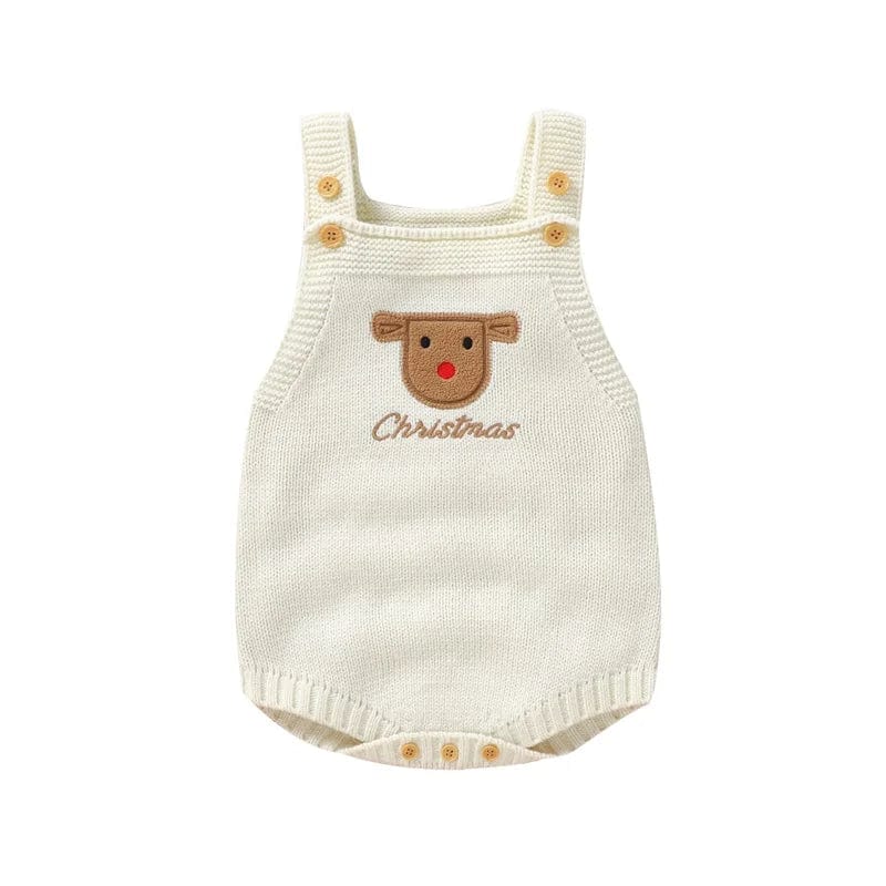 Beige / 1-3M Sleeveless Elk Santa Claus Embroidery Knit Rompers Xmas Party Clothes