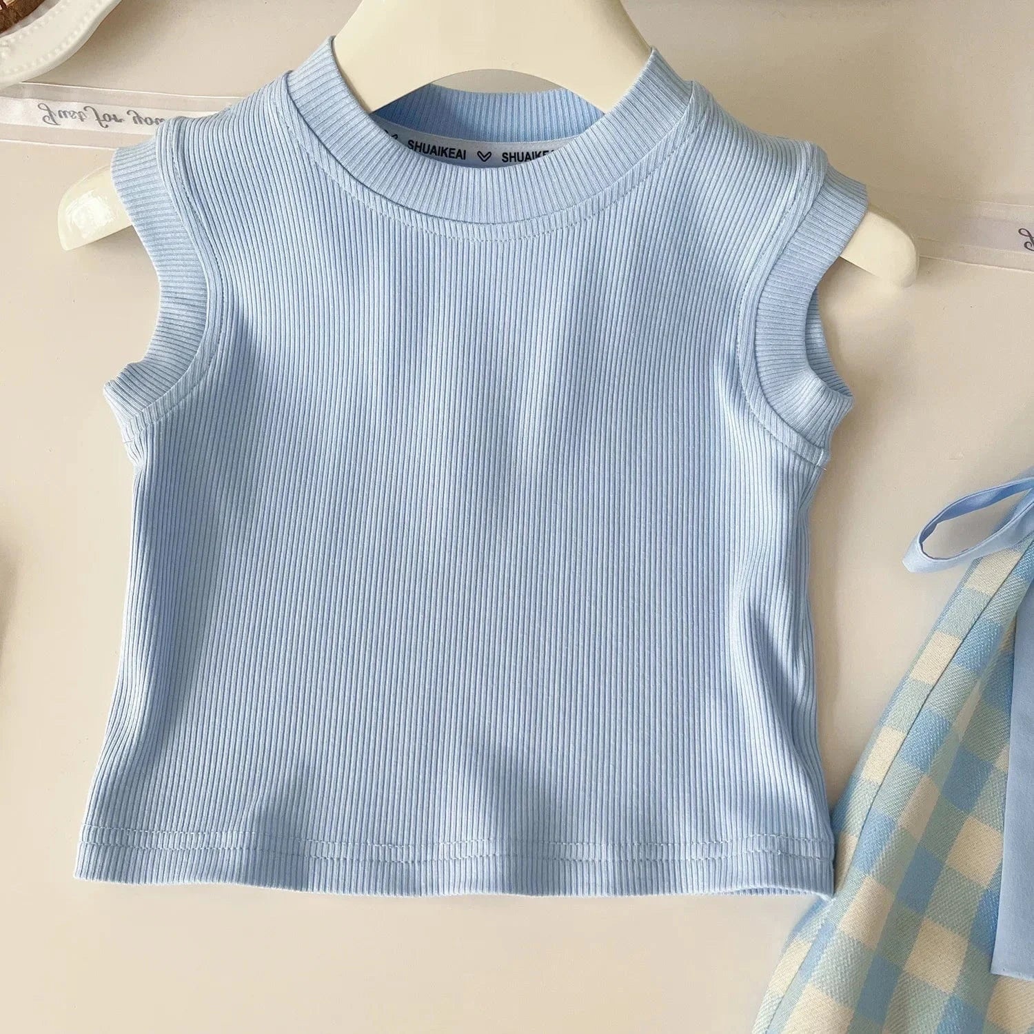 Sleeveless Ribbed Top and Plaid Pants Set