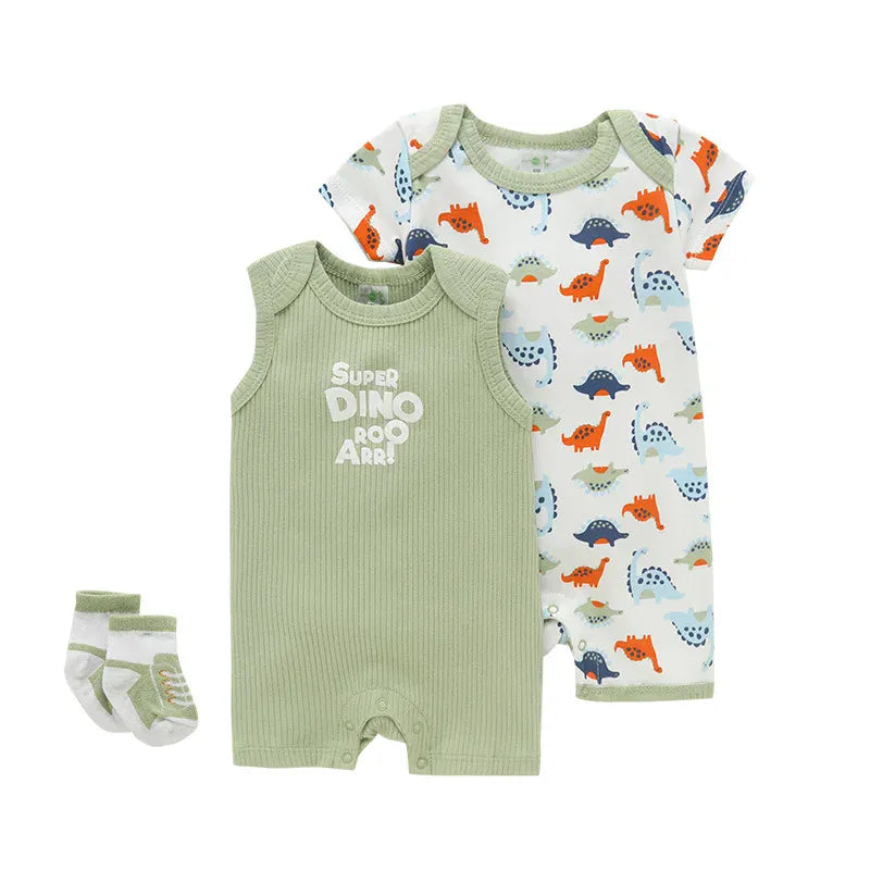 Green Dino & White Animal Print Set / 3M Sleeveless & Short Sleeve Bodysuits with Socks