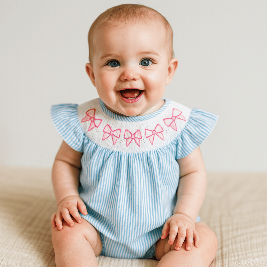 Smocked Bow Embroidered Baby Girl Romper