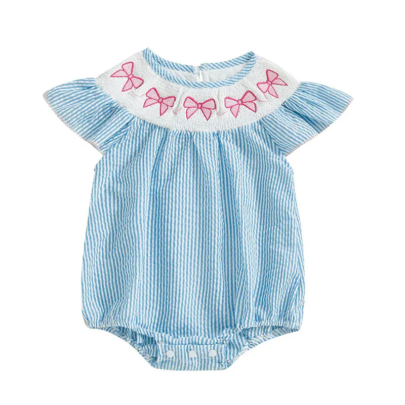 Blue / 3M Smocked Bow Embroidered Baby Girl Romper
