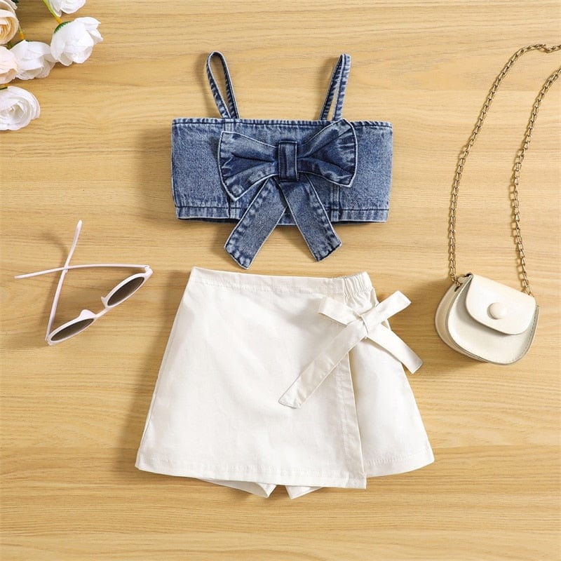 Spaghetti Strap Bowknot Denim Tops + Shorts