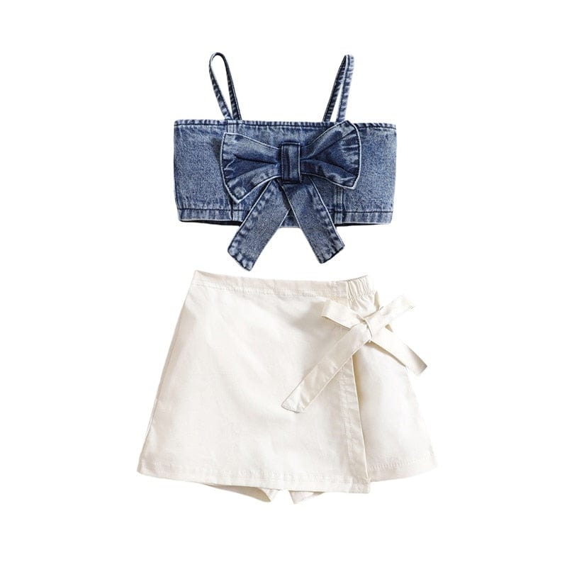 White / 1-2T Spaghetti Strap Bowknot Denim Tops + Shorts