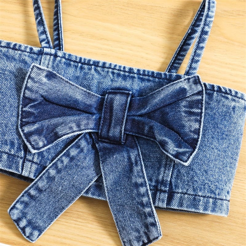 Spaghetti Strap Bowknot Denim Tops + Shorts