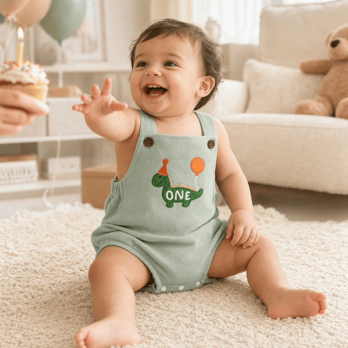 Square Neck Animal Balloon Embroidery Birthday Romper