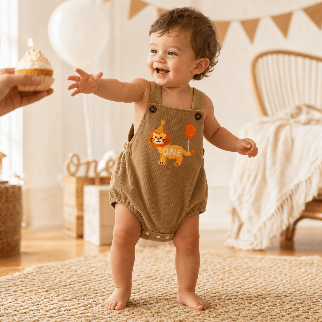 Square Neck Animal Balloon Embroidery Birthday Romper