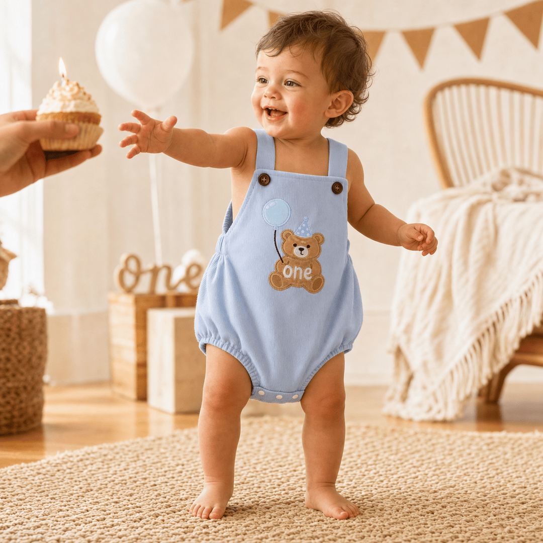 Square Neck Animal Balloon Embroidery Birthday Romper