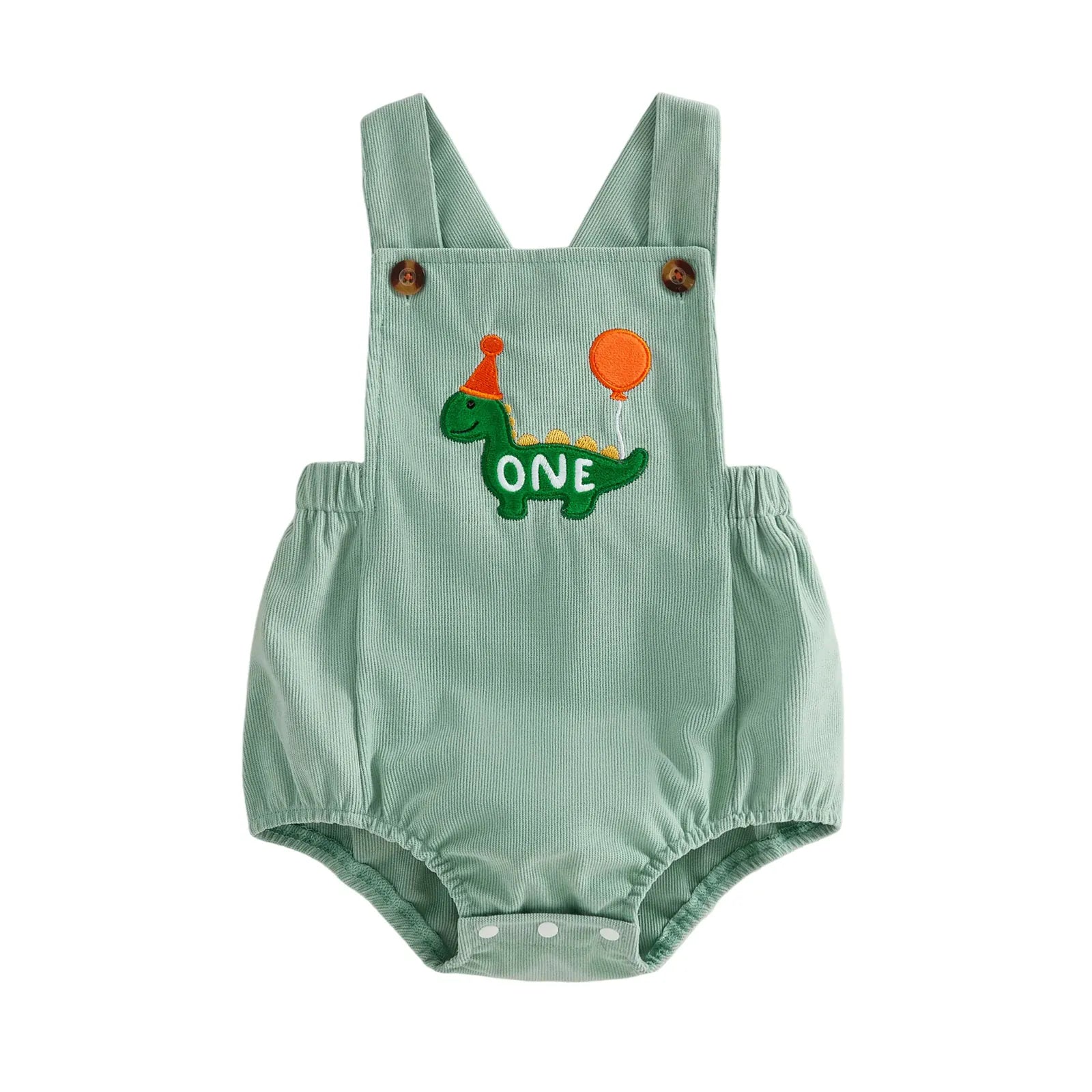 Green / 12M Square Neck Animal Balloon Embroidery Birthday Romper