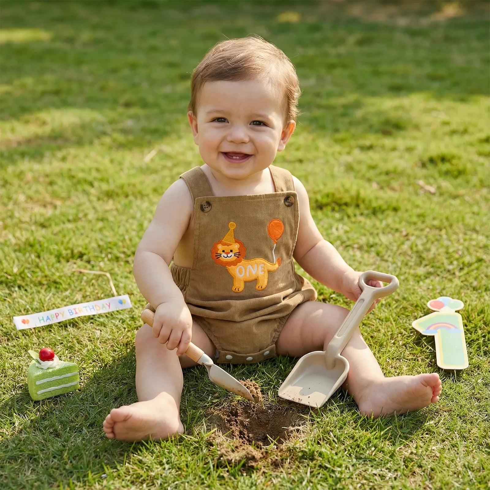 Square Neck Animal Balloon Embroidery Birthday Romper
