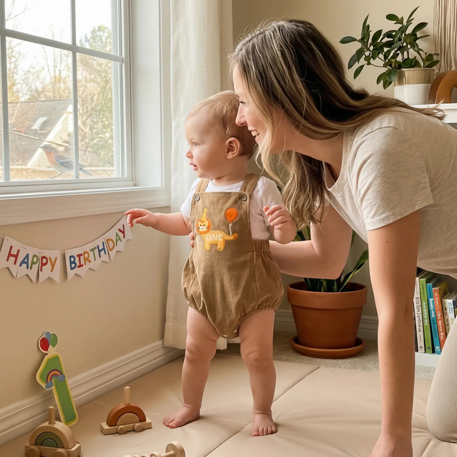Square Neck Animal Balloon Embroidery Birthday Romper