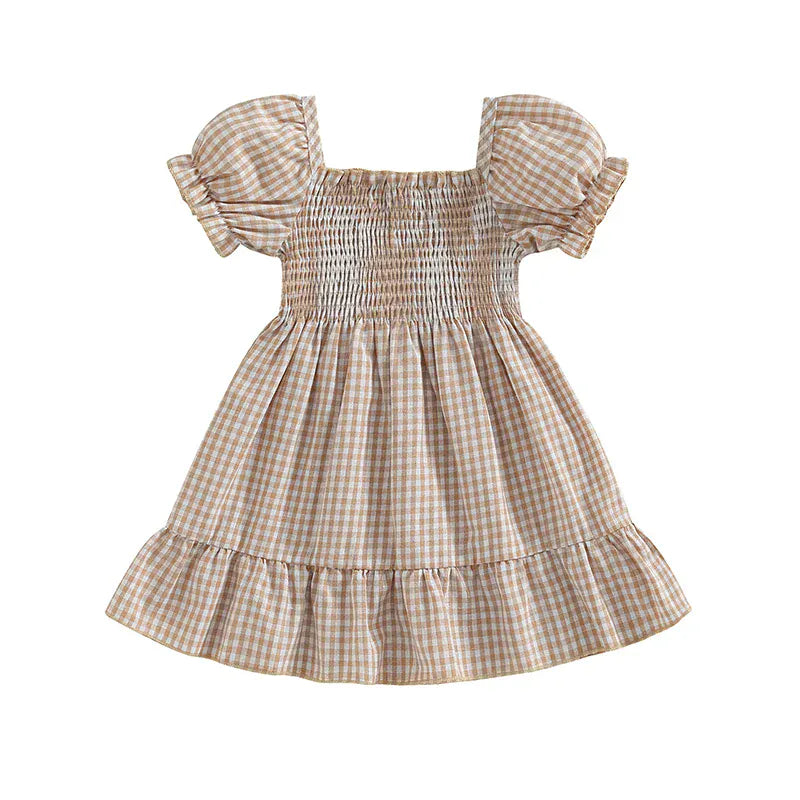 Khaki / 12-18M Sweet Summer Puff Sleeve Plaid Dress