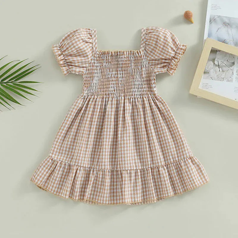 Sweet Summer Puff Sleeve Plaid Dress