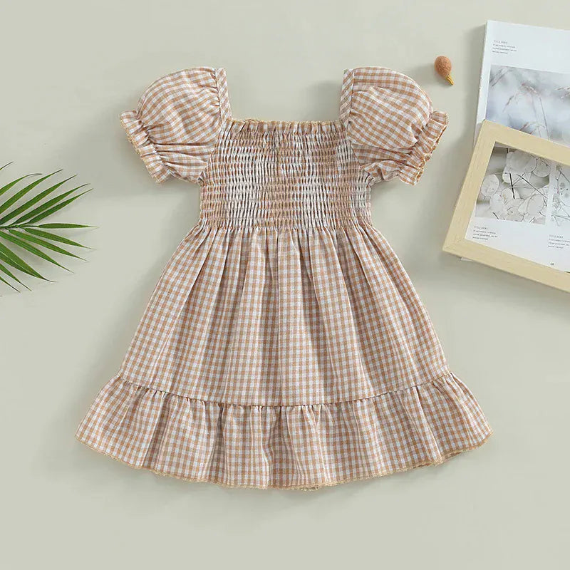 Sweet Summer Puff Sleeve Plaid Dress