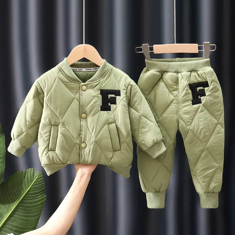 Olive Green / China Mainland / 9M-12M The Varsity Quilted Puffer Suit