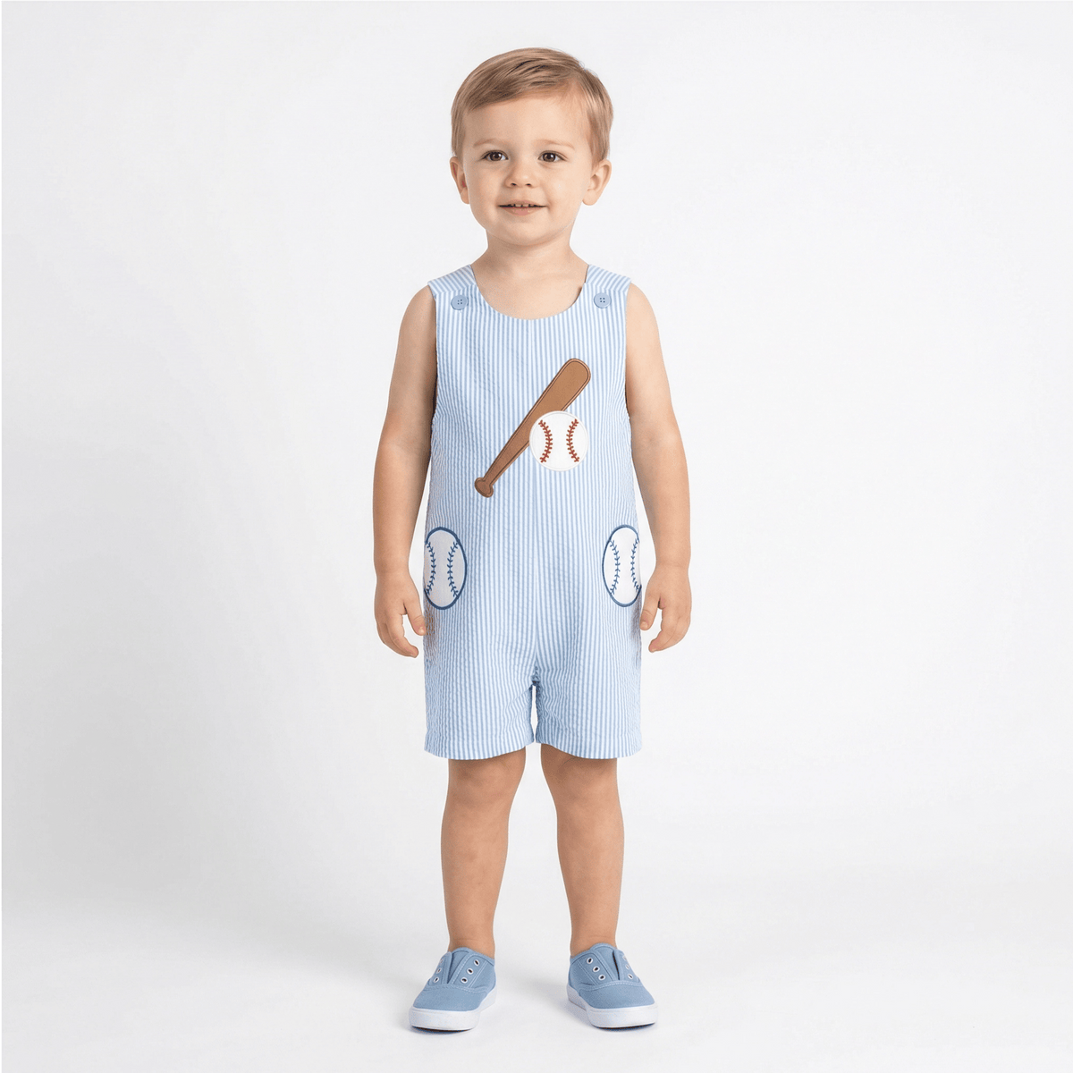 Toddler Baseball Embroidered Striped Overalls