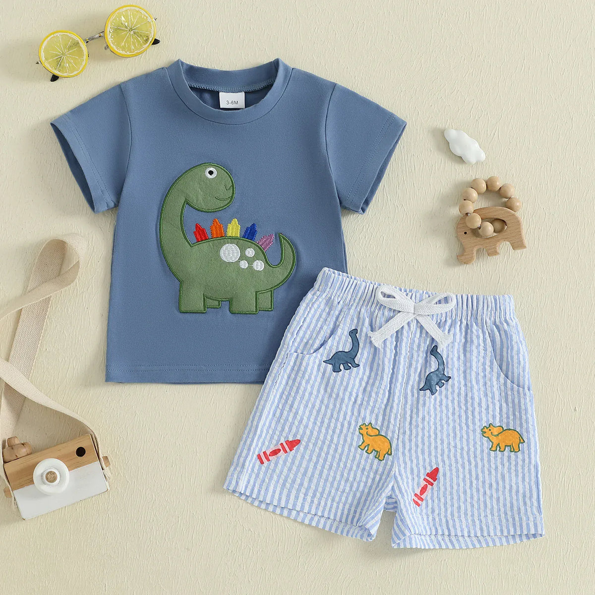 Toddler Boy Dinosaur Embroidery T-Shirt & Striped Shorts 2-Piece Summer Set