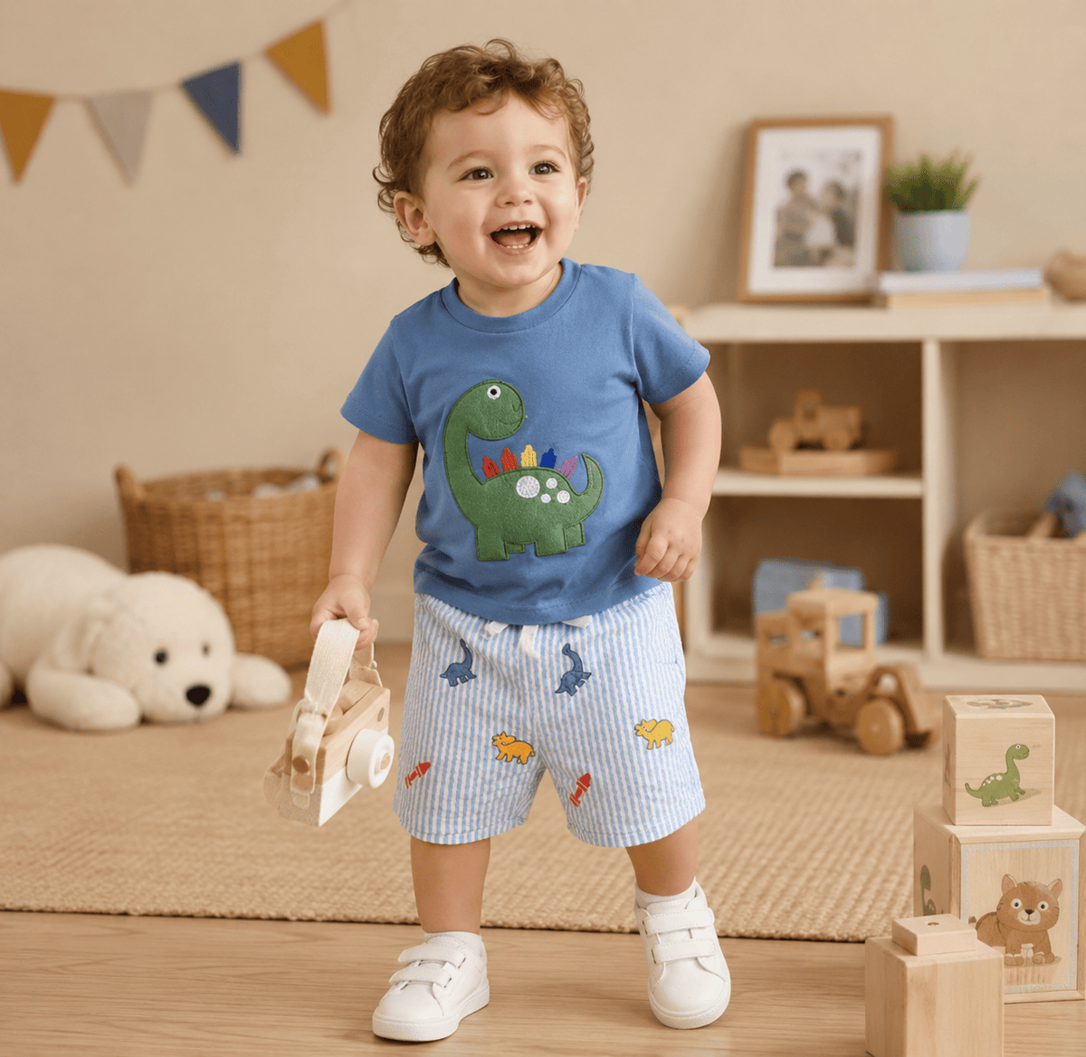 Toddler Boy Dinosaur Embroidery T-Shirt & Striped Shorts 2-Piece Summer Set