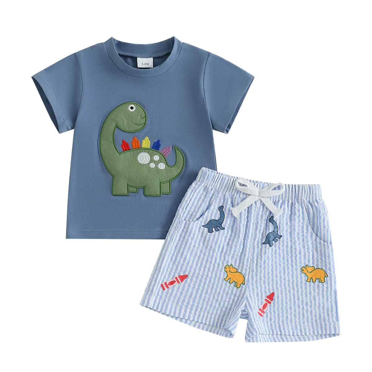 Blue / 18-24M Toddler Boy Dinosaur Embroidery T-Shirt & Striped Shorts 2-Piece Summer Set