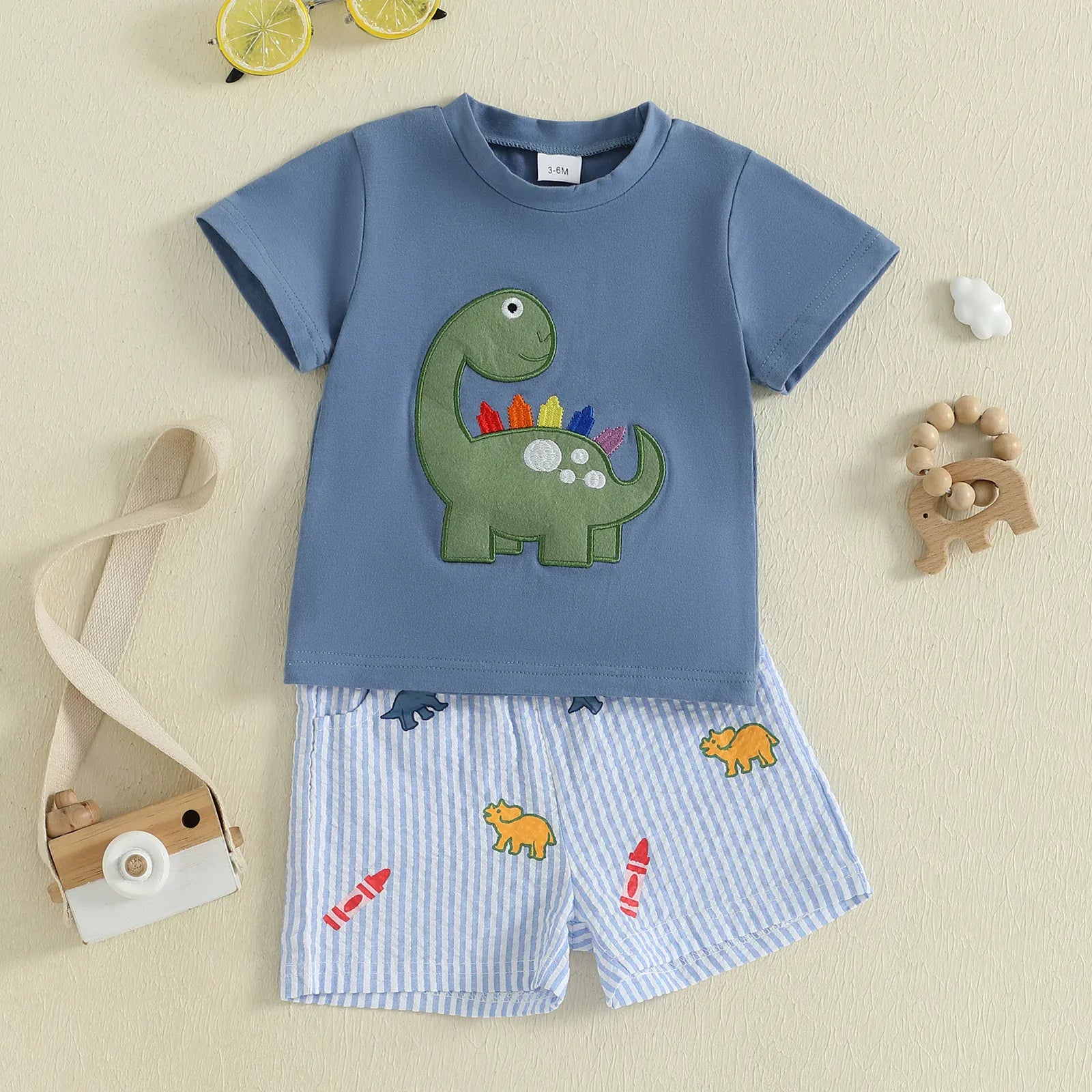 Toddler Boy Dinosaur Embroidery T-Shirt & Striped Shorts 2-Piece Summer Set