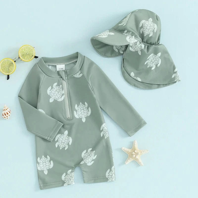 Toddler Boy Long Sleeve Swimsuit with Sun Hat
