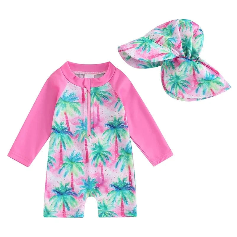 D / 0-3M Toddler Boy Long Sleeve Swimsuit with Sun Hat