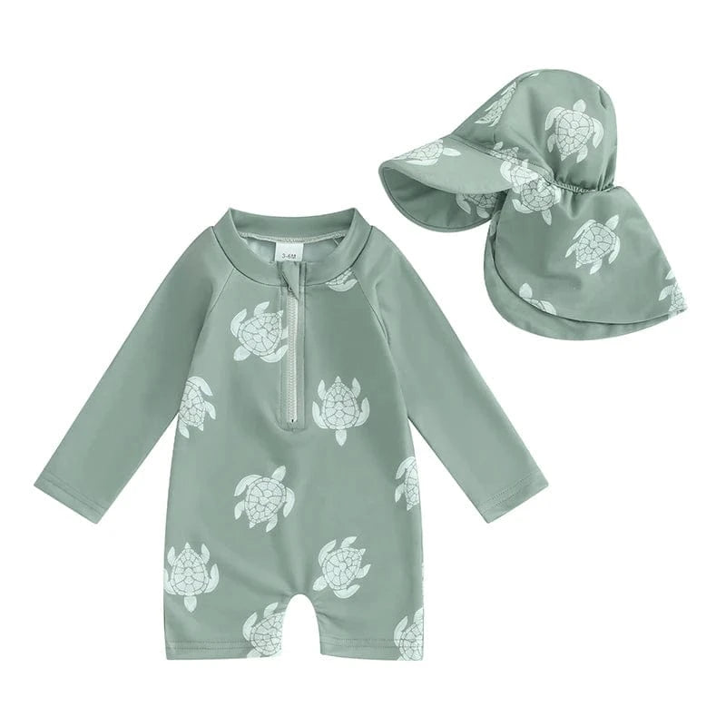 A / 0-3M Toddler Boy Long Sleeve Swimsuit with Sun Hat