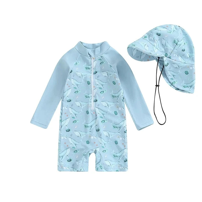 G / 0-3M Toddler Boy Long Sleeve Swimsuit with Sun Hat