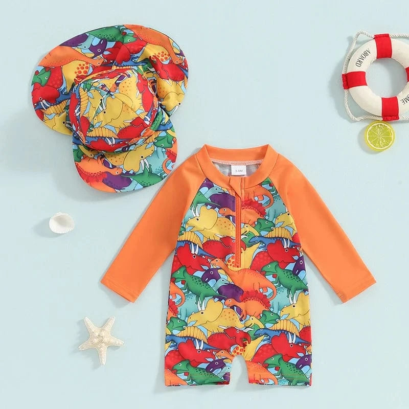 Toddler Boy Long Sleeve Swimsuit with Sun Hat