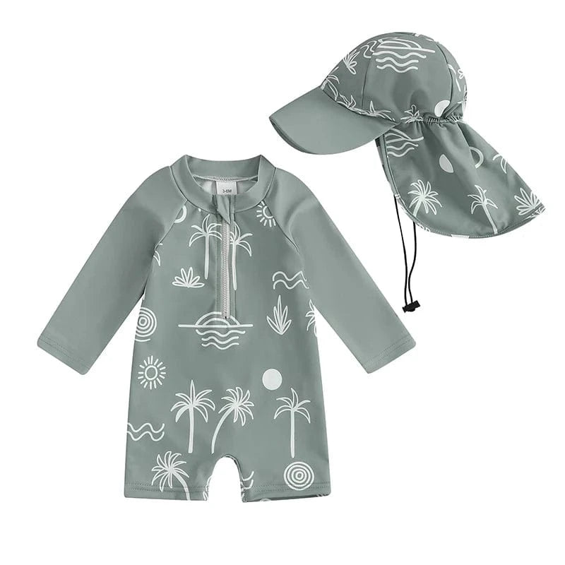 H / 0-3M Toddler Boy Long Sleeve Swimsuit with Sun Hat