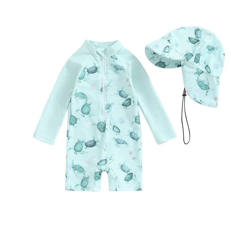 F / 0-3M Toddler Boy Long Sleeve Swimsuit with Sun Hat