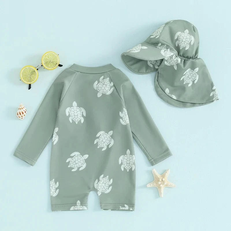 Toddler Boy Long Sleeve Swimsuit with Sun Hat
