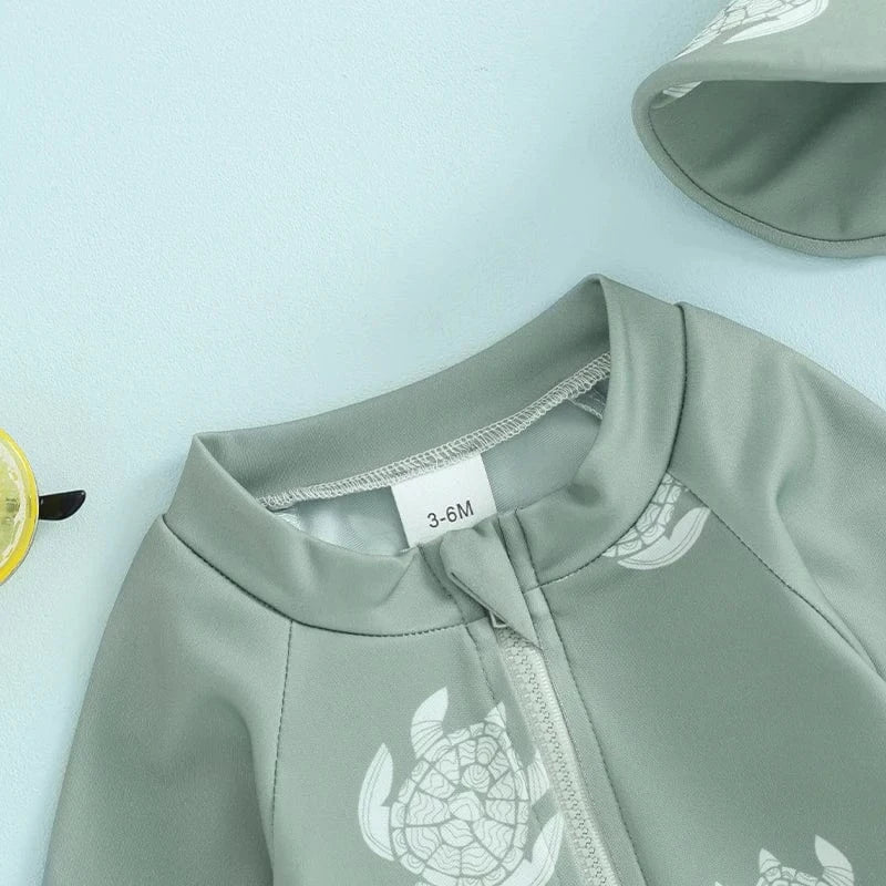 Toddler Boy Long Sleeve Swimsuit with Sun Hat