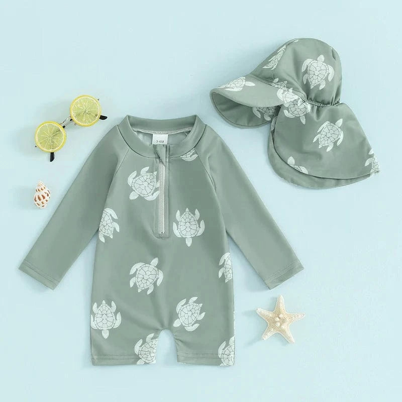 Toddler Boy Long Sleeve Swimsuit with Sun Hat