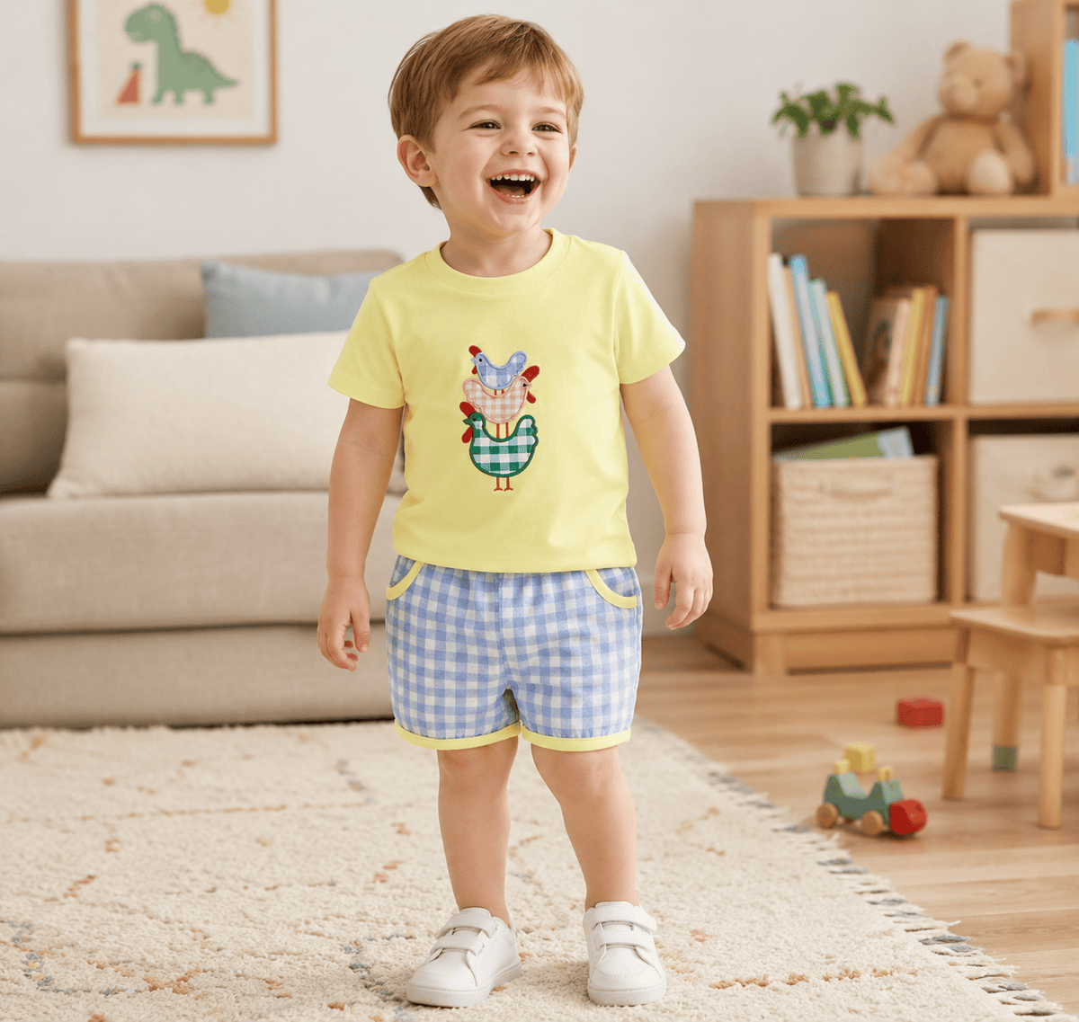 Toddler Boy Stacked Chick Embroidery Yellow T-Shirt & Blue Plaid Shorts 2-Piece Summer Set