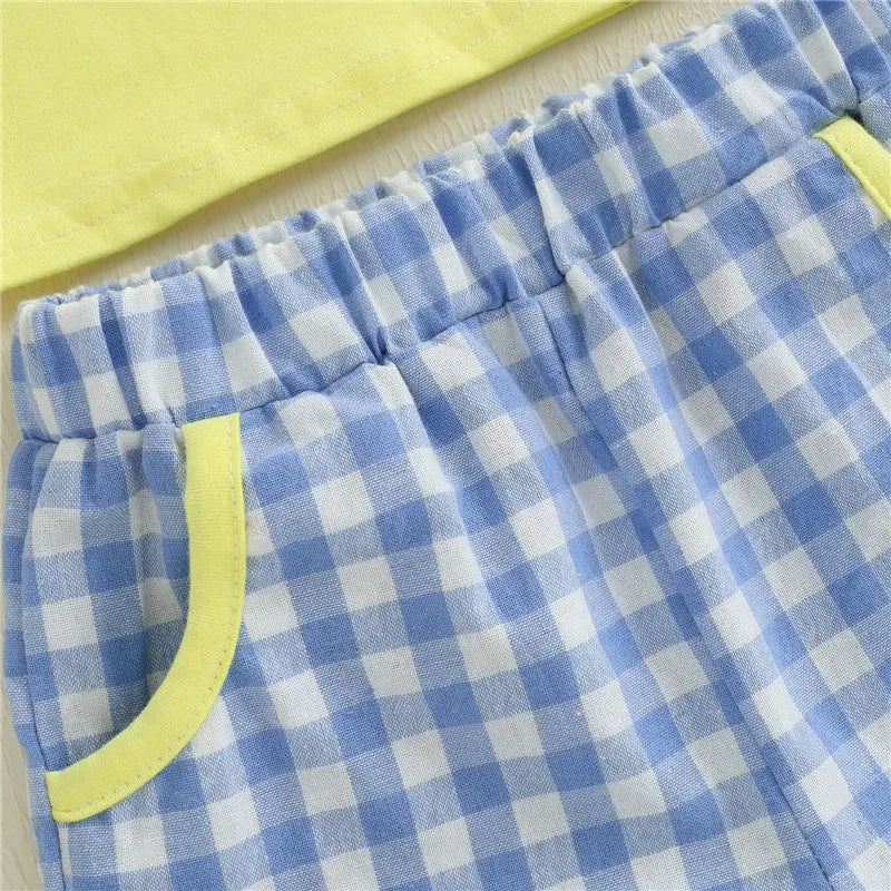 Toddler Boy Stacked Chick Embroidery Yellow T-Shirt & Blue Plaid Shorts 2-Piece Summer Set