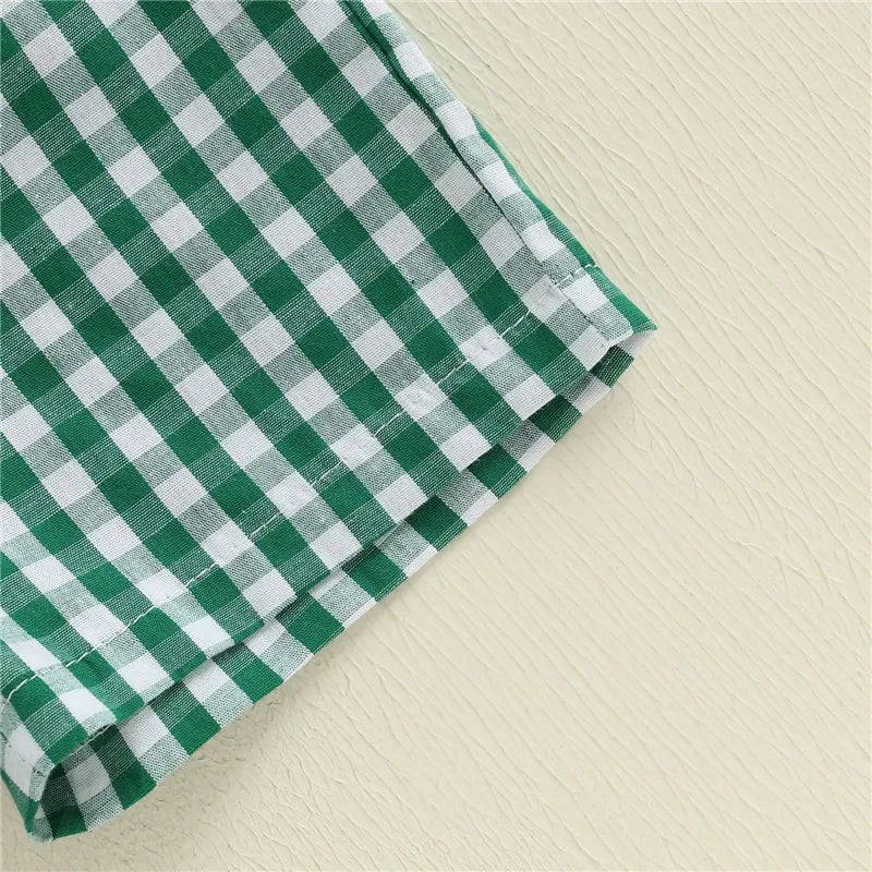 Toddler Boy Tractor Print T-Shirt & Green Plaid Shorts 2-Piece Summer Outfit