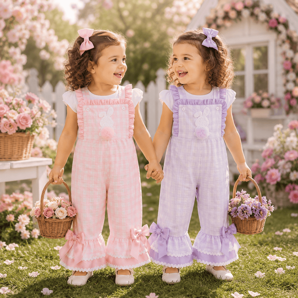 Toddler Girl Bunny Ruffle Bell-Bottom Plaid Romper Jumpsuit