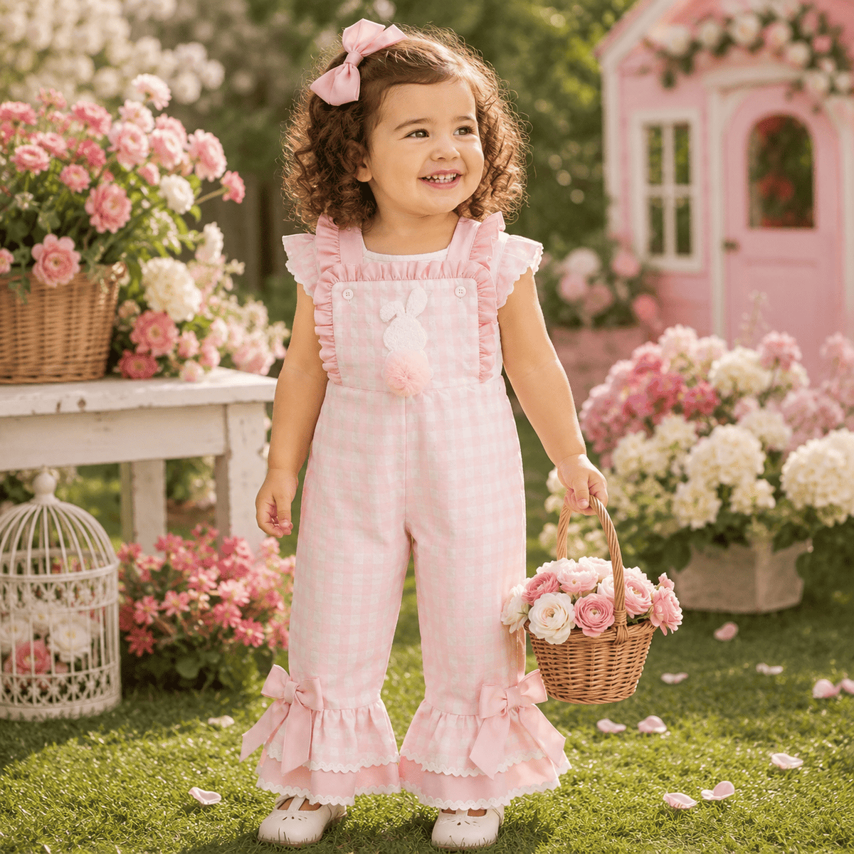 Toddler Girl Bunny Ruffle Bell-Bottom Plaid Romper Jumpsuit