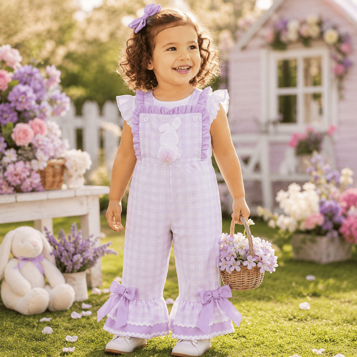 Toddler Girl Bunny Ruffle Bell-Bottom Plaid Romper Jumpsuit