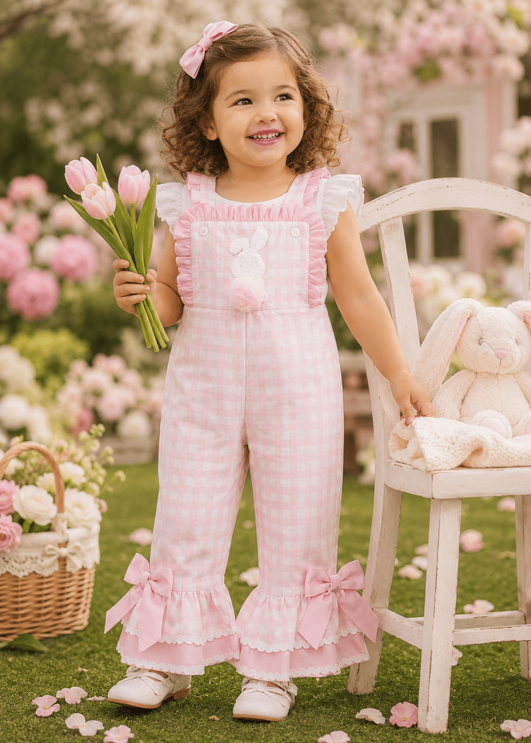 Toddler Girl Bunny Ruffle Bell-Bottom Plaid Romper Jumpsuit