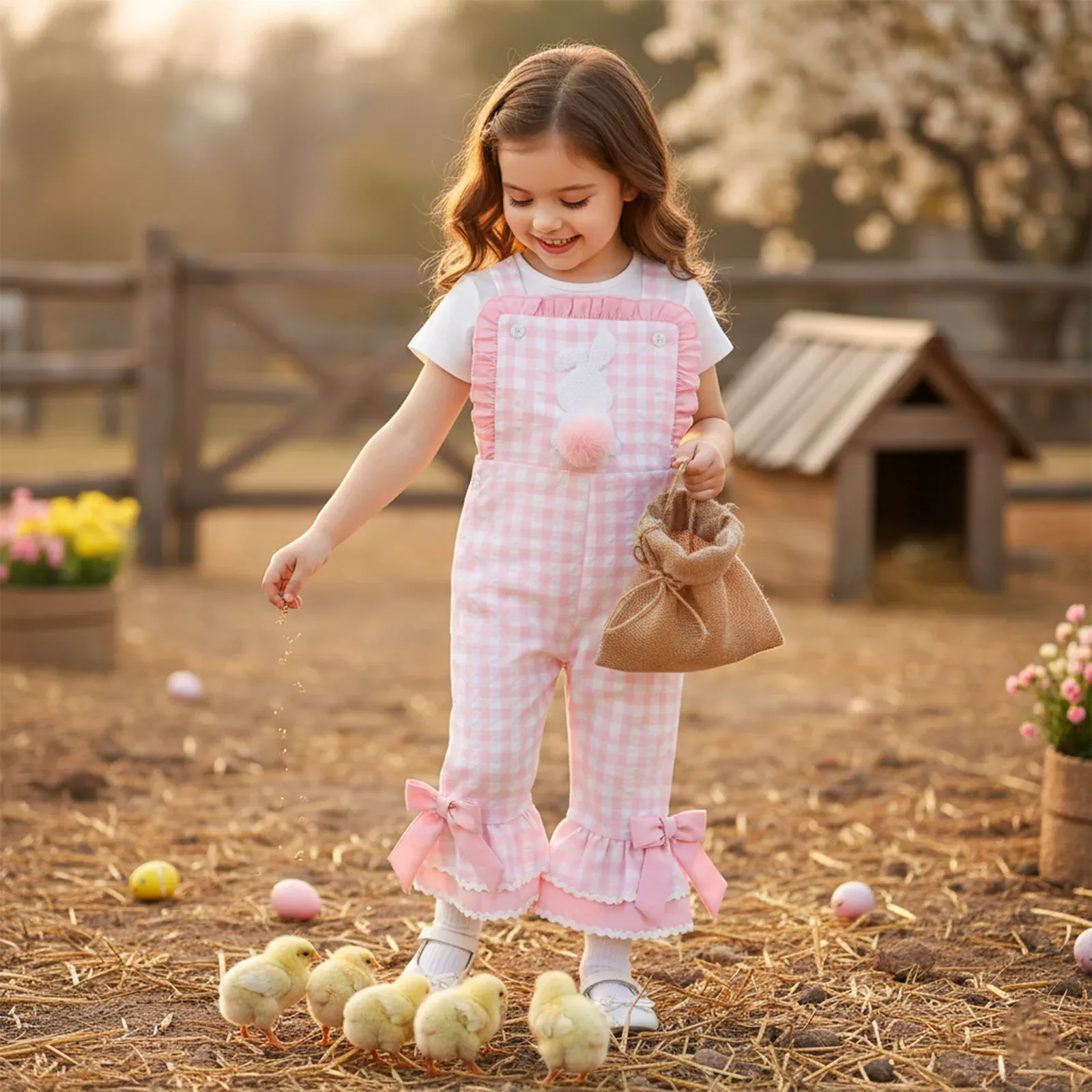 Toddler Girl Bunny Ruffle Bell-Bottom Plaid Romper Jumpsuit