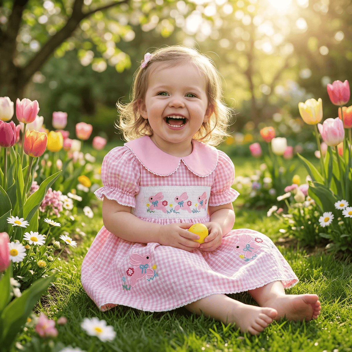 Toddler Girl's Plaid & Bunny Embroidery Easter Dress