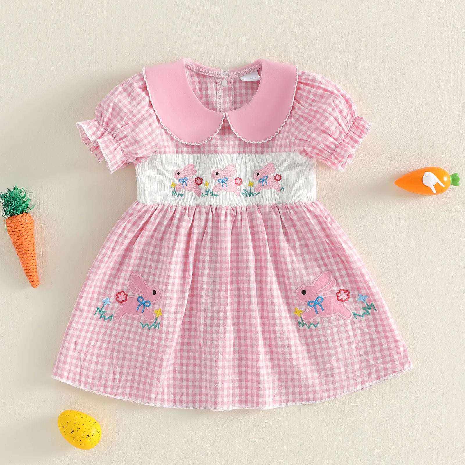 Toddler Girl's Plaid & Bunny Embroidery Easter Dress