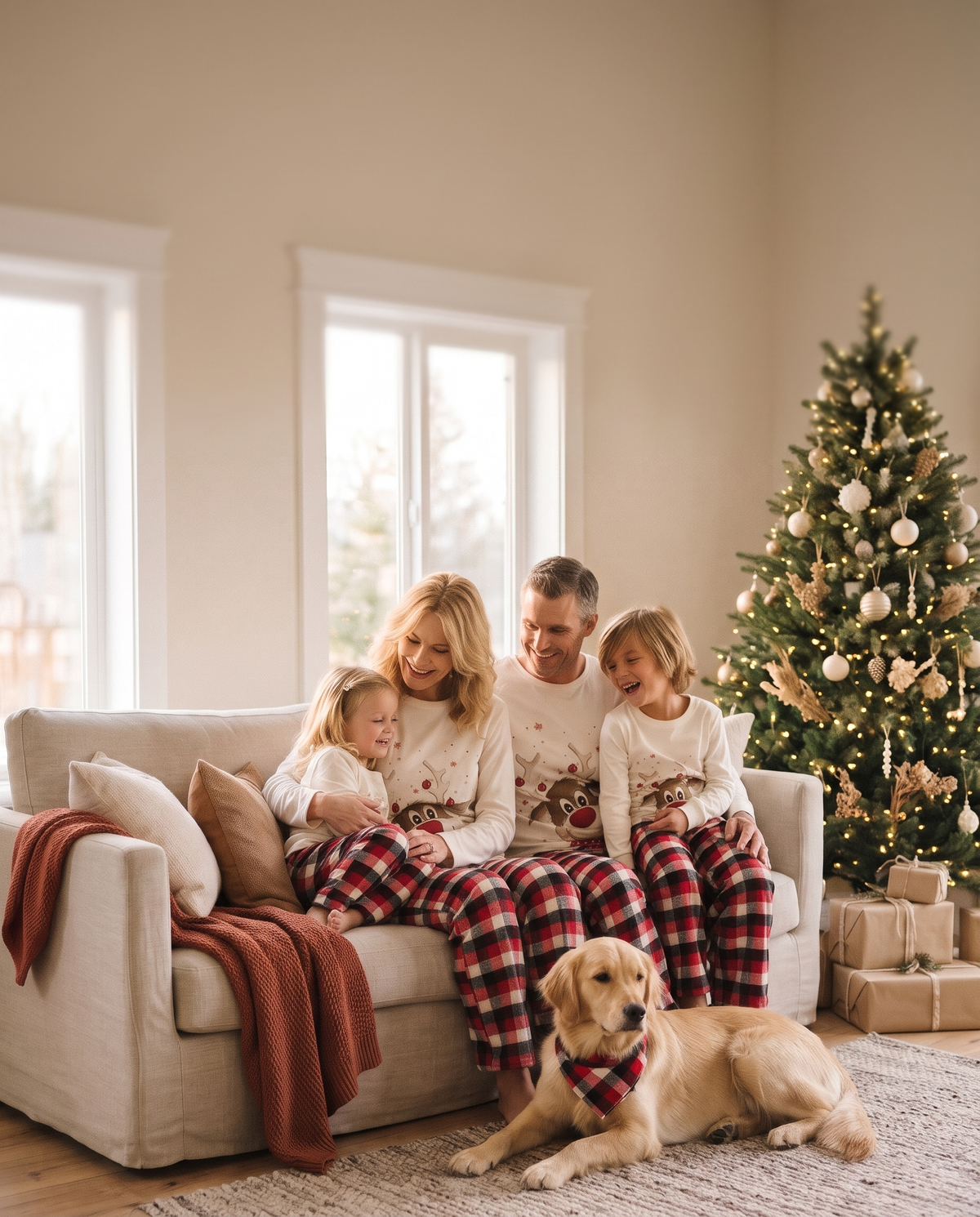 A family in matching reindeer Christmas pajamas laughing together on a sofa beside a Christmas tree