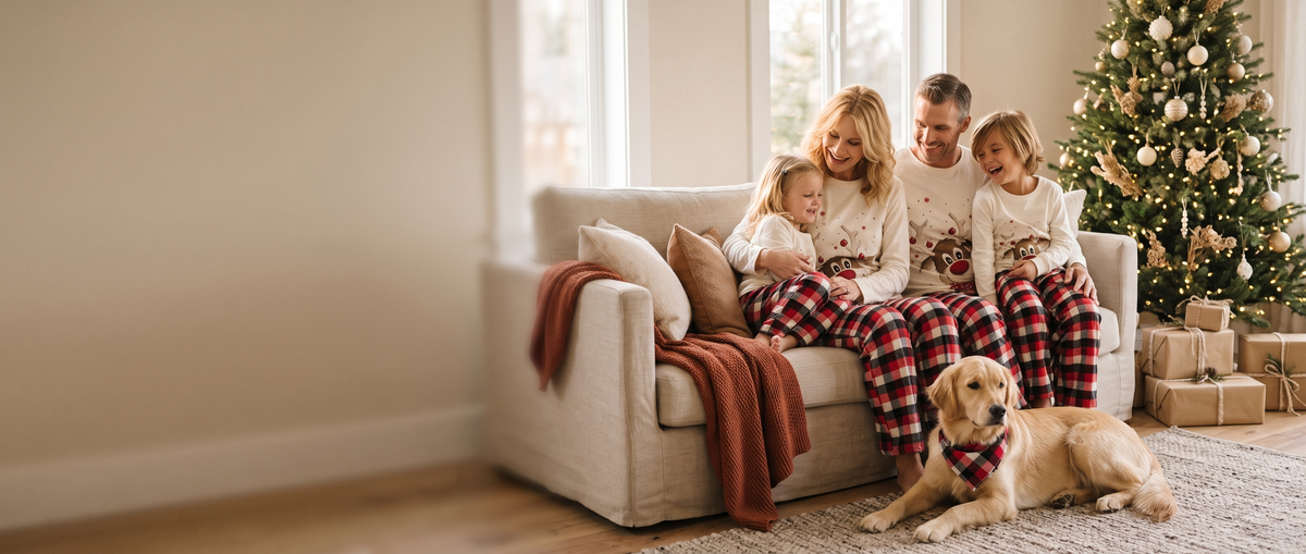 A family in matching reindeer Christmas pajamas laughing together on a sofa beside a Christmas tree