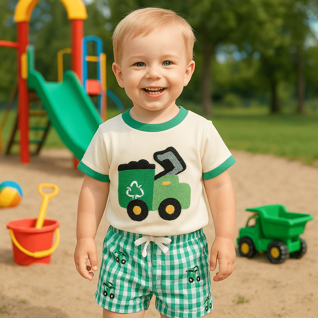 Tractor Embroidered T-Shirt and Green Plaid Shorts Set