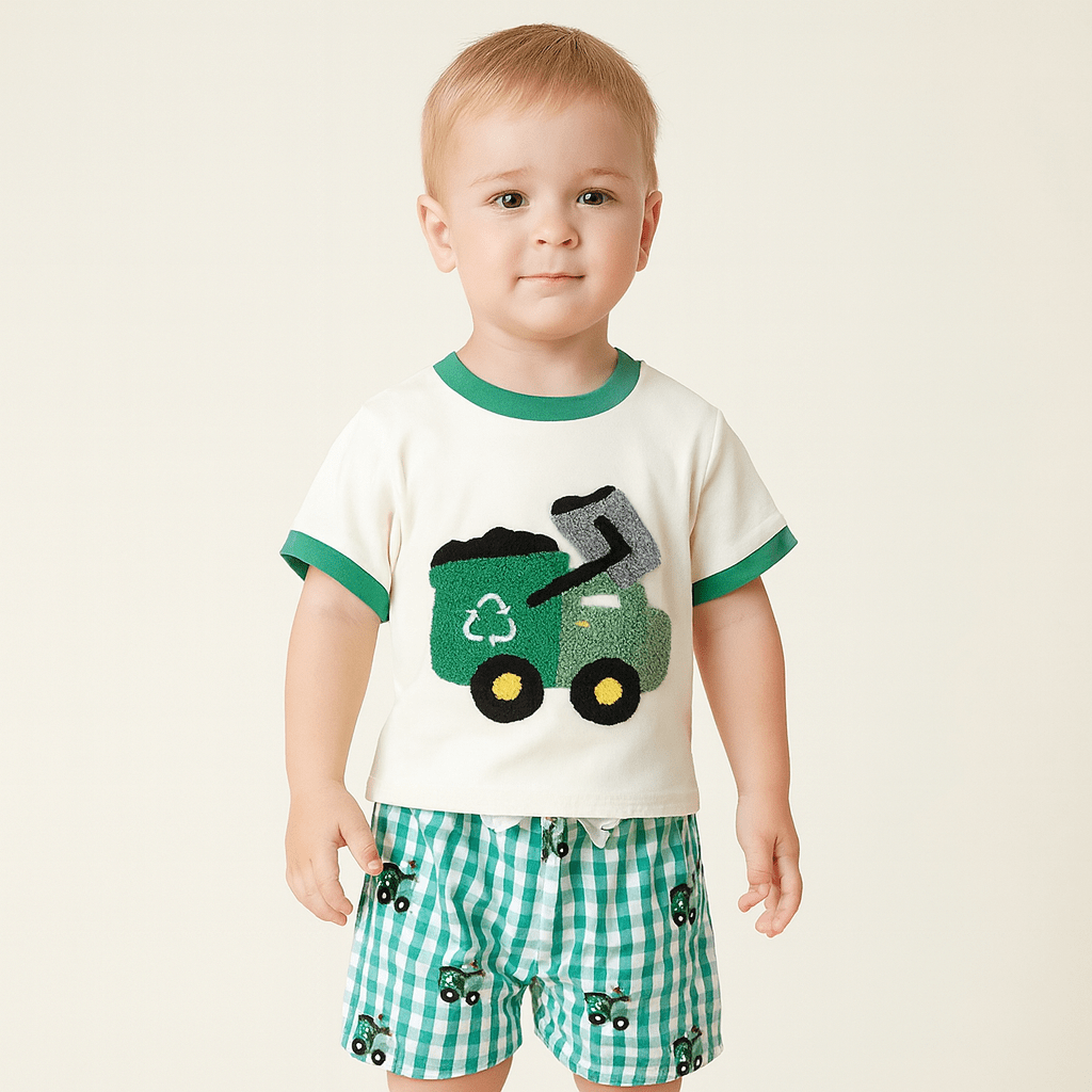 Tractor Embroidered T-Shirt and Green Plaid Shorts Set